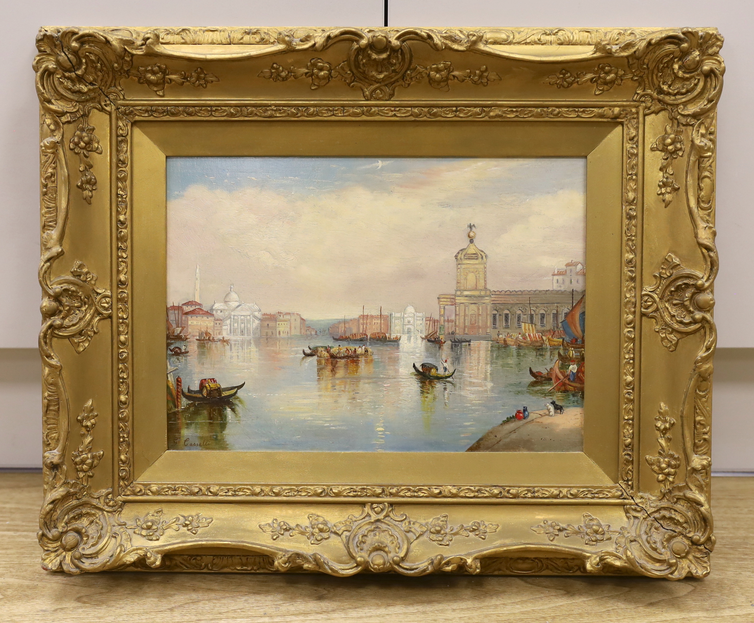 G. Casselli (Italian), oil on canvas, Venetian lagoon scene, signed, in ornate gilt frame, 24 x 34cm